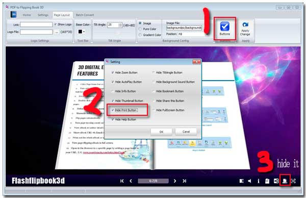 3D page flip book hide the print button