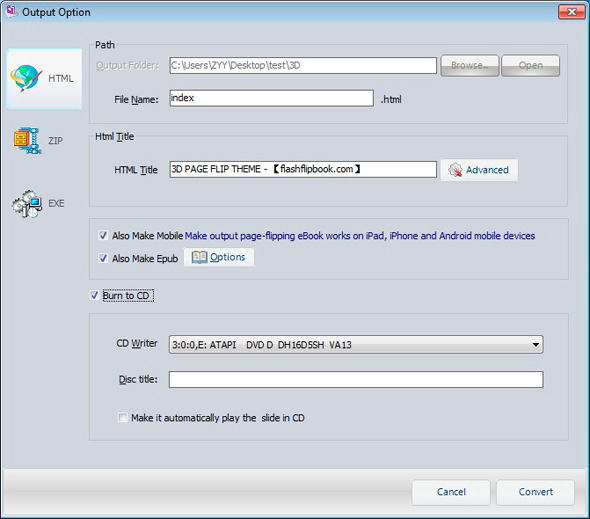 PDF to Flipping Book 3D output options