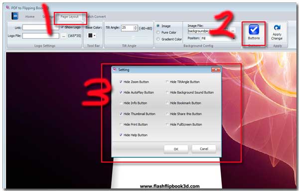 3D flash book flipping show or hide icons listed on bottom tool bar